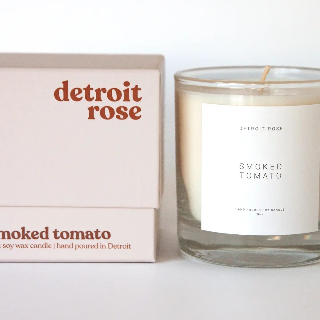 Candle labeled 'Smoked Tomato' from 'Detroit Rose' next to its packaging on a white background

Detroit Rose Candles are hand poured using additive-free soy wax, lead-free cotton wicks, and premium phthalate free fragrance oils.

Available at Luca Essentials in Los Angeles. 