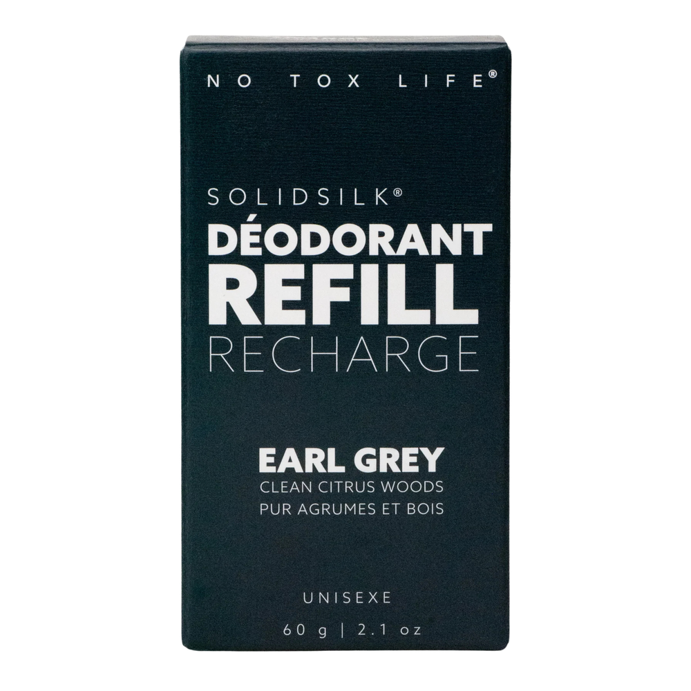 SolidSilk deodorant refill packaging with 'No Tox Life' branding on a white background. Available at Luca Essentials in Los Angeles. 