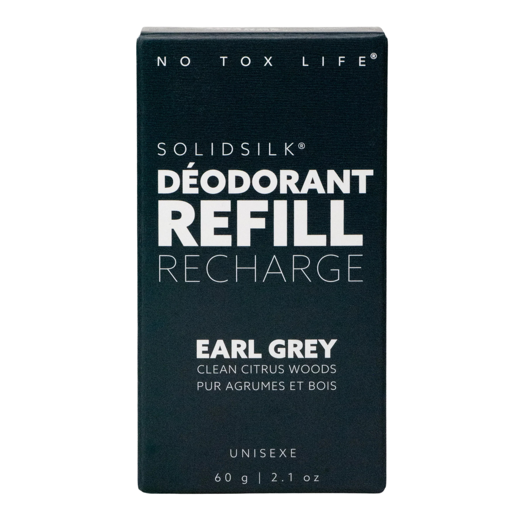 SolidSilk deodorant refill packaging with 'No Tox Life' branding on a white background. Available at Luca Essentials in Los Angeles. 