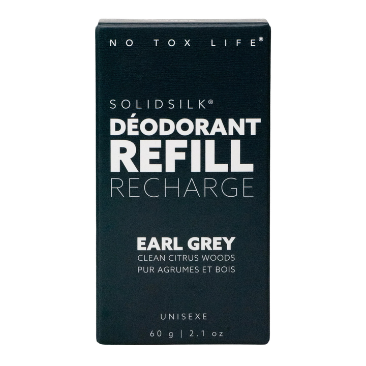 SolidSilk deodorant refill packaging with 'No Tox Life' branding on a white background. Available at Luca Essentials in Los Angeles. 