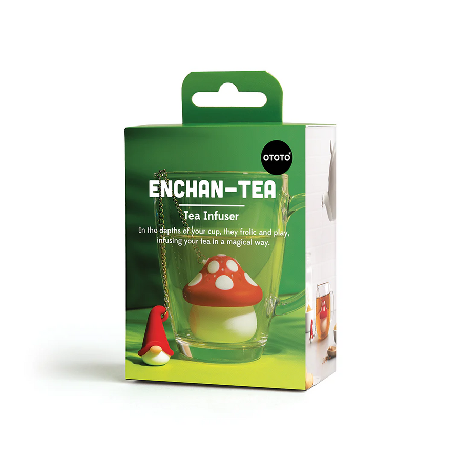 Enchan-Tea tea infuser packaging with mushroom design on a white background. Available at Luca Essentials in Los Angeles. 