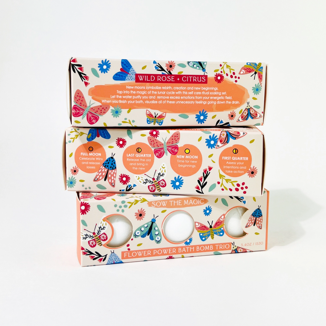 Three stacked boxes of Wild Rose Citrus bath bombs with colorful designs on a white background

Bask in the vibrant energy of this floral kissed trio crafted to awaken joy and creativity. Each bath bomb blends wild rose water, lavender oil and a hint of citrus to clear the mind and uplift the senses, bringing a burst of color and renewal to your bath ritual.

Available at Luca Essentials in Los Angeles.