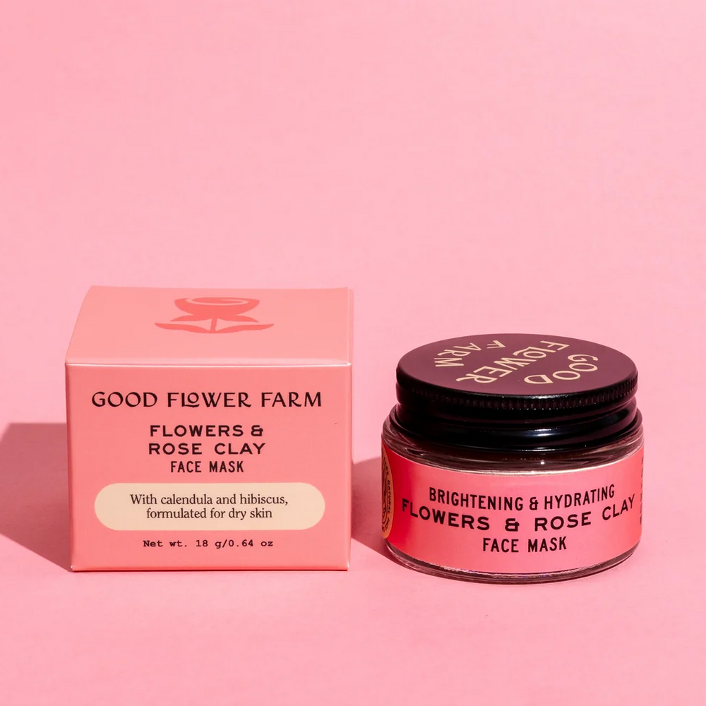 Good Flower Farm face mask jar and box on a pink background. Available at Luca Essentials in Los Angeles. 