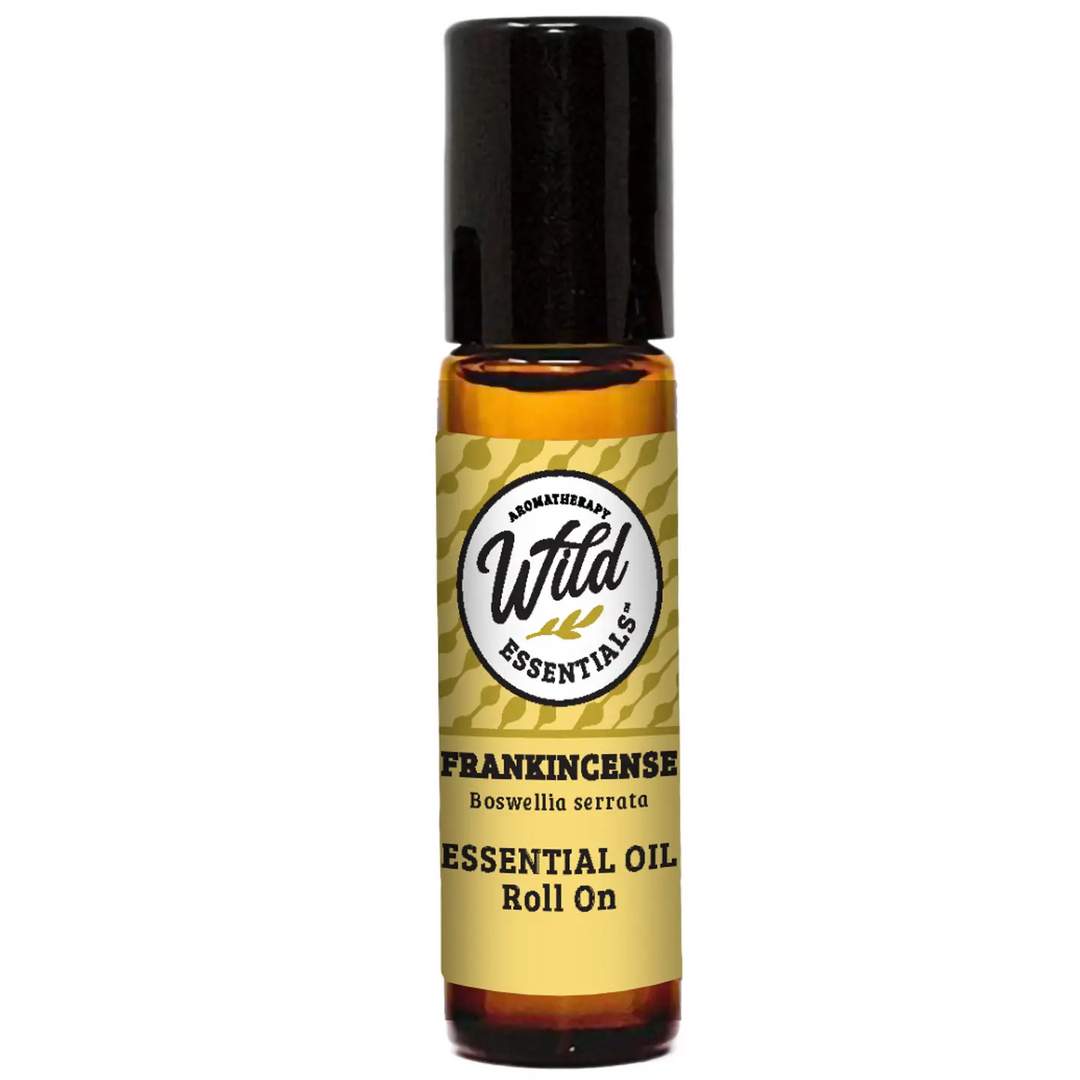 Wild Essentials Frankincense essential oil roll on bottle on a white background. Available at Luca Essentials in Los Angeles.