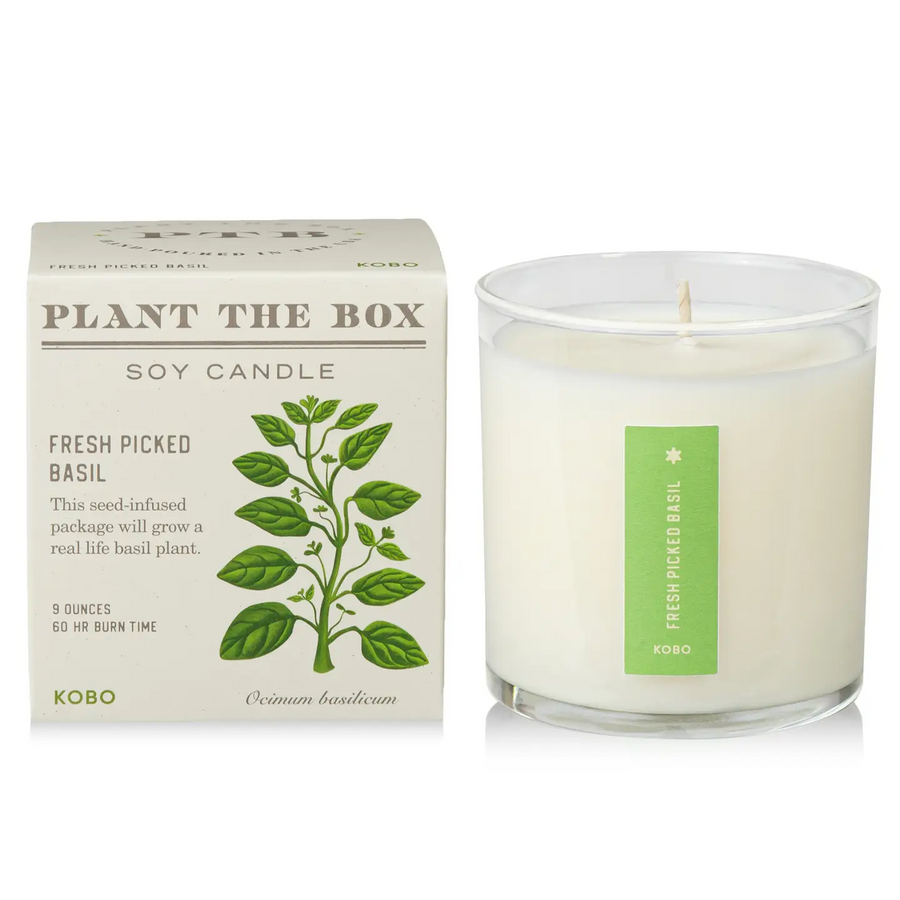 Soy candle with 'Plant The Box' packaging featuring a basil plant illustration. Available at Luca Essentials in Los Angeles. 