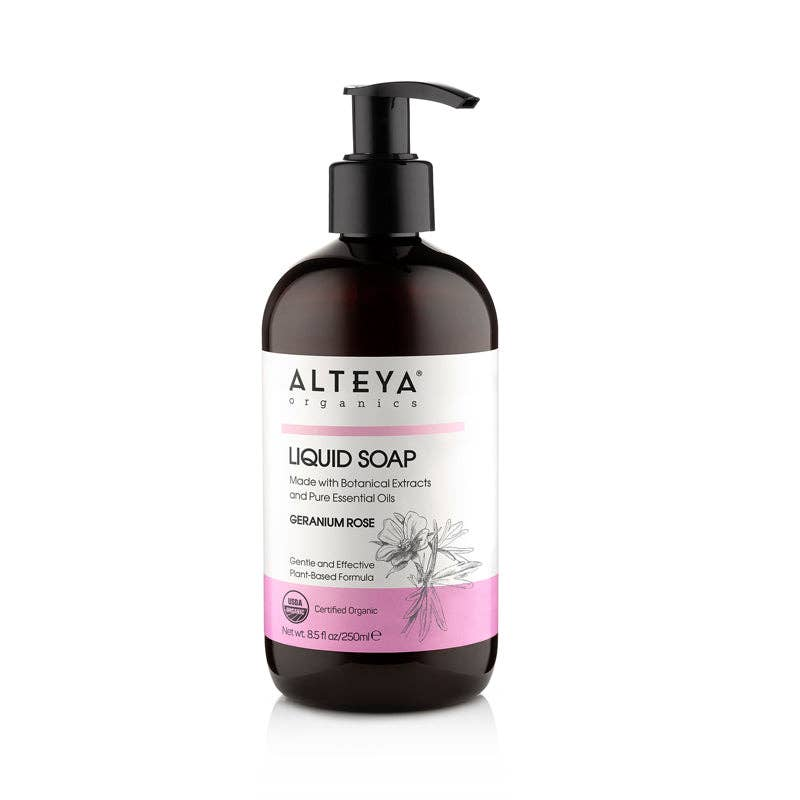 A pump bottle of Alteya Geranium Rose Liquid Soap with a pink and white branding label reading 250ml on a white background. Available at Luca Essentials in Los Angeles.