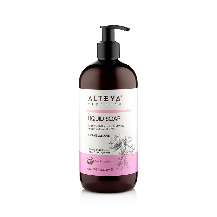 A pump bottle of Alteya Geranium Rose Liquid Soap with a pink and white branding label reading 500ml on a white background. Available at Luca Essentials in Los Angeles.