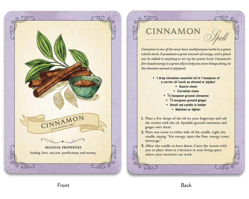 Magical spell card for cinnamon with illustration and text on front and back.

Unlock the ancient secrets of herbal magic and green witchcraft with this beautifully crafted 50-card deck designed to enhance your spells, rituals, and connection to nature.

Available at Luca Essentials in Los Angeles.