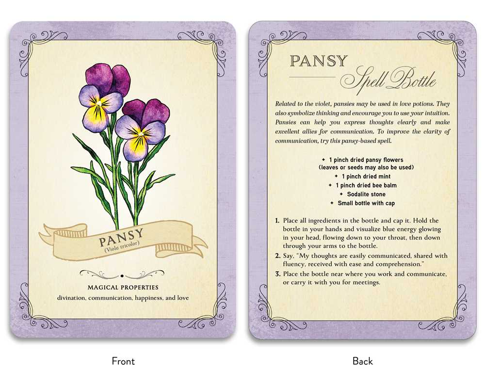 Two cards showing the front and back of a Pansy spell bottle with floral illustration and text.

Unlock the ancient secrets of herbal magic and green witchcraft with this beautifully crafted 50-card deck designed to enhance your spells, rituals, and connection to nature.

Available at Luca Essentials in Los Angeles.