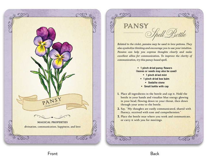 Two cards showing the front and back of a Pansy spell bottle with floral illustration and text.

Unlock the ancient secrets of herbal magic and green witchcraft with this beautifully crafted 50-card deck designed to enhance your spells, rituals, and connection to nature.

Available at Luca Essentials in Los Angeles.