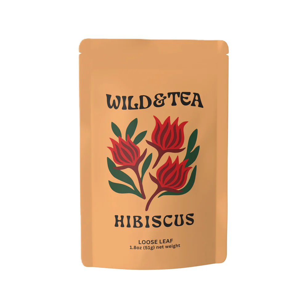 Packaging of Wild & Tea Hibiscus loose leaf tea on a white background. Available at Luca Essentials in Los Angeles. 