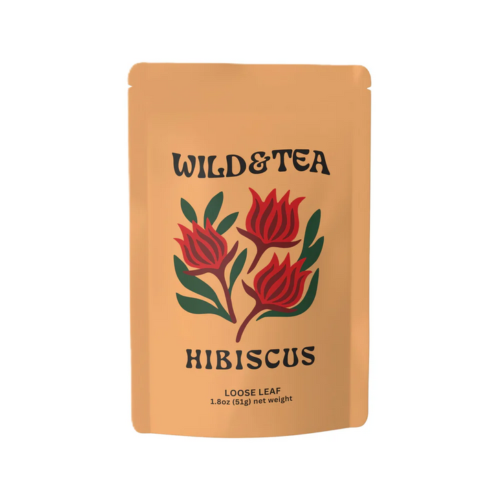 Packaging of Wild & Tea Hibiscus loose leaf tea on a white background. Available at Luca Essentials in Los Angeles. 