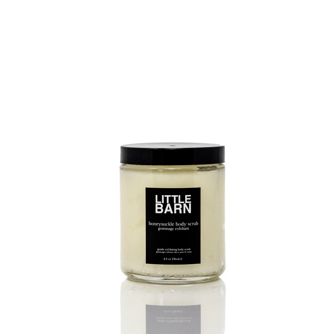 Jar of Little Barn body scrub with a black lid on a white background

Exfoliating body scrub is formulated with humectant pure cane sugar and botanical oils to gently revive the skin's surface and firm the skin's appearance, emulsive to leave skin moisturized and not greasy.

Available at Luca Essentials in Los Angeles.
