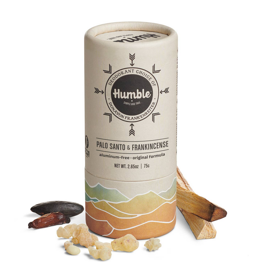 Humble Palo Santo & Frankincense product packaging with incense sticks and resin on a white background

Humble Brands Deodorant is formulated to absorb and neutralize body odor and has no aluminum, alcohol, dyes, parabens, sulfates or artificial fragrance.

Available at Luca Essentials in Los Angeles. 