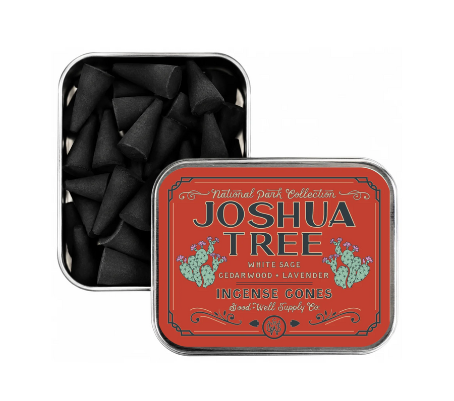 Tin of Joshua Tree incense cones with a red label on a white background. Available at Luca Essentials in Los Angeles. 