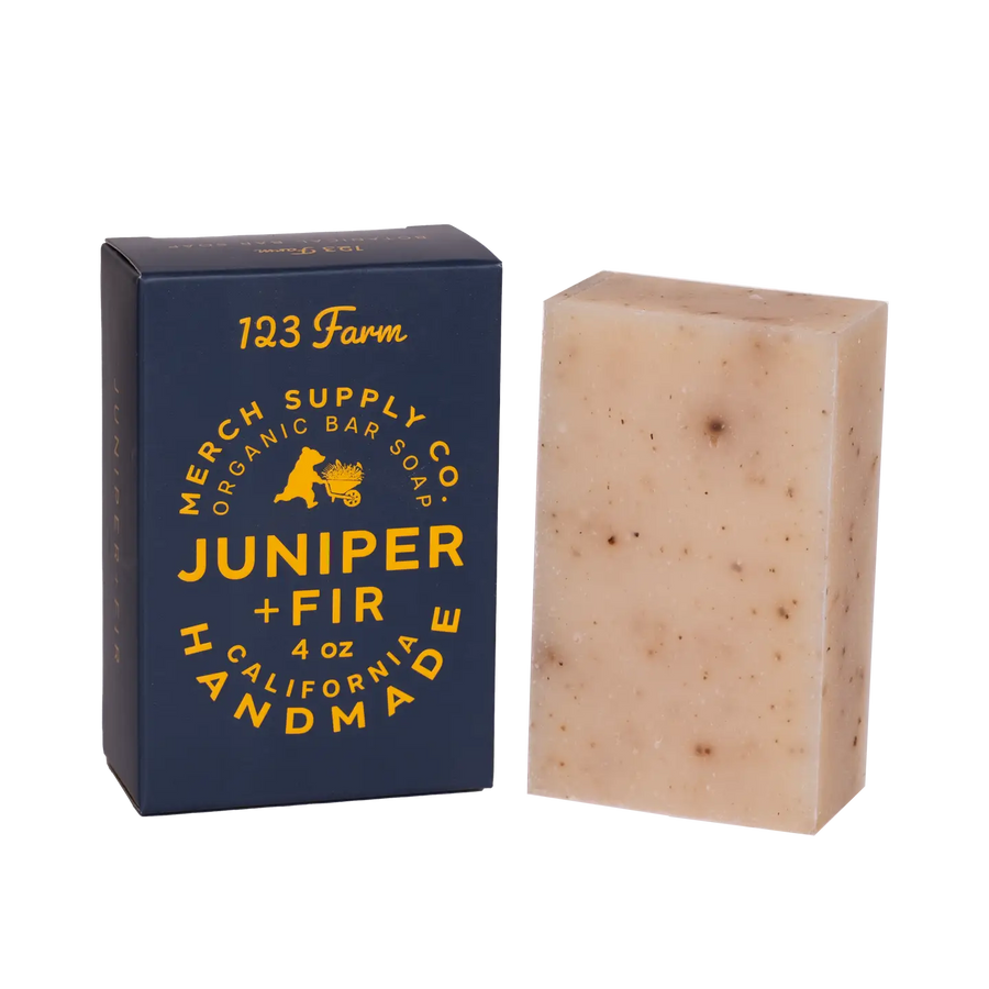 Bar of soap and its packaging with '123 Farm' branding on a white background. Available at Luca Essentials in Los Angeles. 