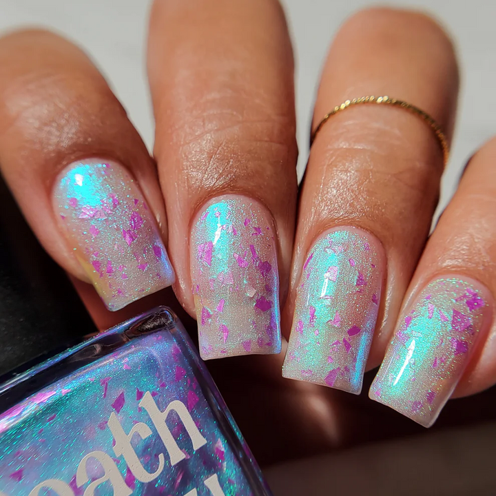 Nail polish with glittery design and 'Death Valley Nails' branding. Available at Luca Essentials in Los Angeles. 