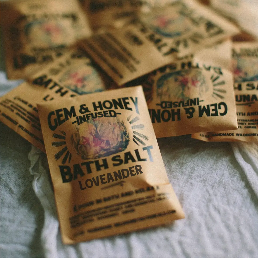Bath salt packets with 'Gem & Honey' branding and the text 'LOVEANDER' on a textured surface. Available at Luca Essentials in Los Angeles. 