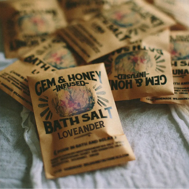 Bath salt packets with 'Gem & Honey' branding and the text 'LOVEANDER' on a textured surface. Available at Luca Essentials in Los Angeles. 