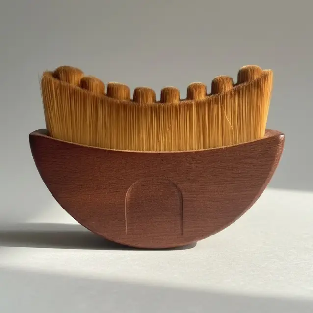 Half moon shaped skin care tool with wooden handle and bristles with notches in the top on a white background. Available at Luca Essentials in Los Angeles. 