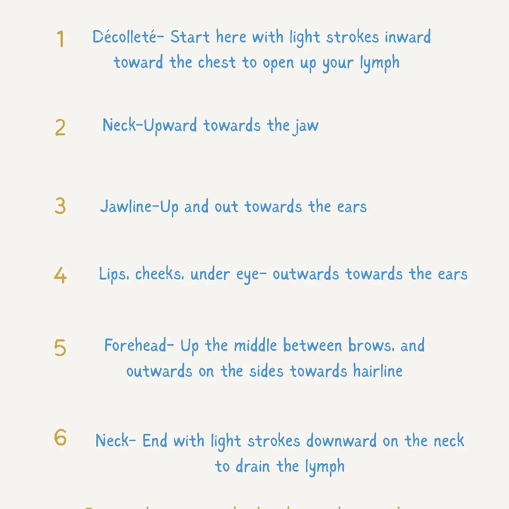 Text instructions for a skincare routine on a white background. 

This palm sized facial dry brush is designed to gently stimulate the skin, support natural lymphatic wellness, and encourage a more lifted, sculpted appearance.

Available at Luca Essentials in Los Angeles. 