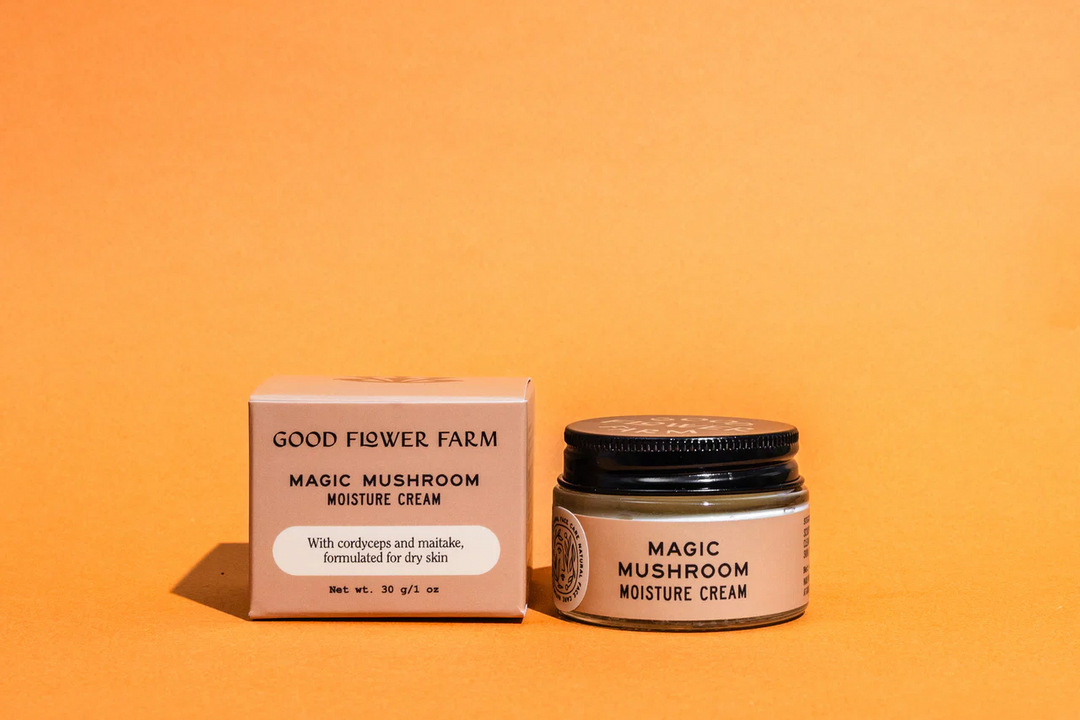 Good Flower Farm Magic Mushroom Moisture Cream jar and box on an orange background.

Protect against environmental stressors and age gracefully with this deeply nourishing network of fungi, botanicals, and vitamin and essential fatty acid-rich oils. Use as a daily moisturizer before seeing the city or sun to protect your youthful glow.

Available at Luca Essentials in Los Angeles.