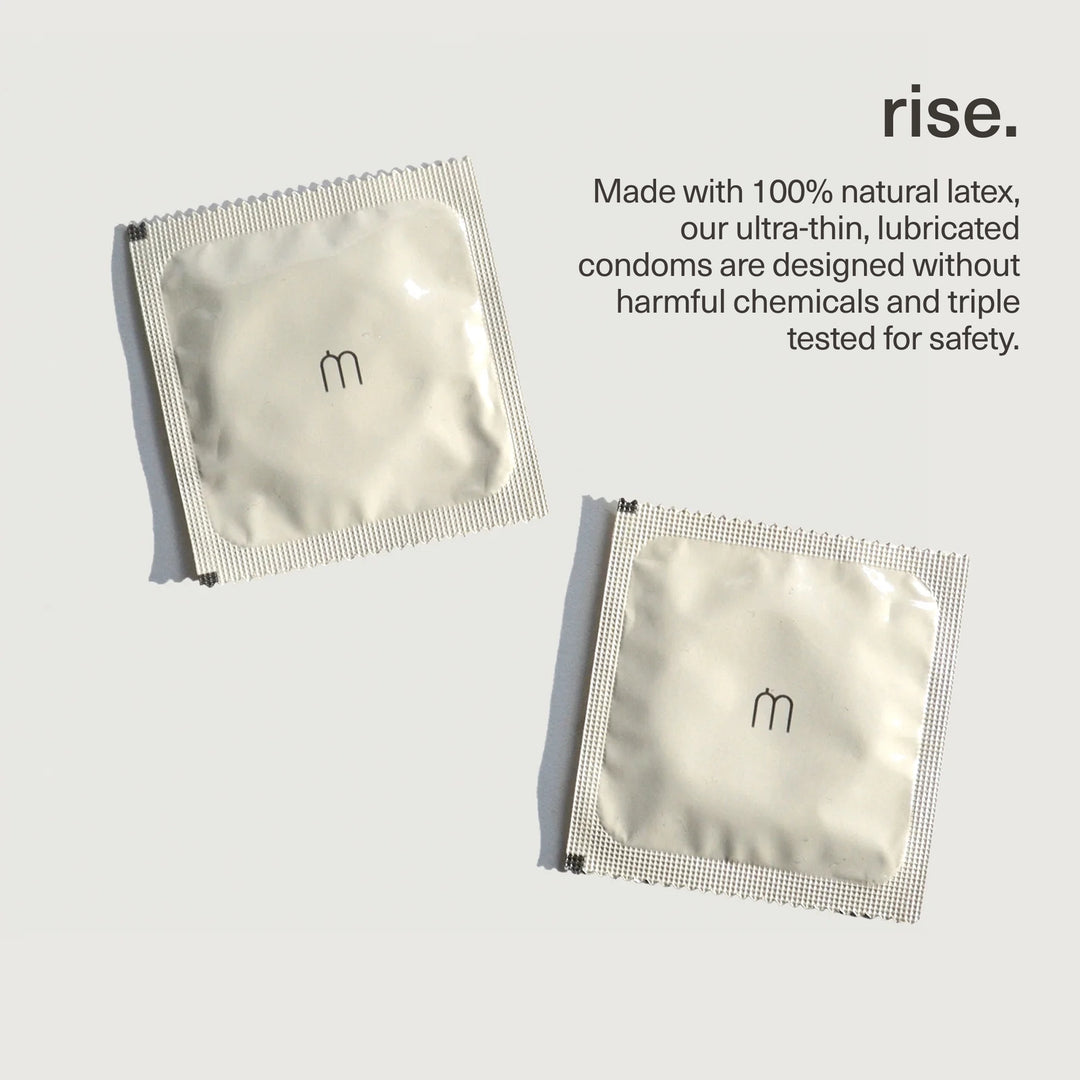 Two rise condoms in packaging on a light gray background with product description text.

These ultra thin, 100% latex condoms are made without the use of any harmful chemicals or fragrances. Electronically triple tested for safety and FDA-approved, you'll never feel such safe pleasure again.

Available at Luca Essentials in Los Angeles.