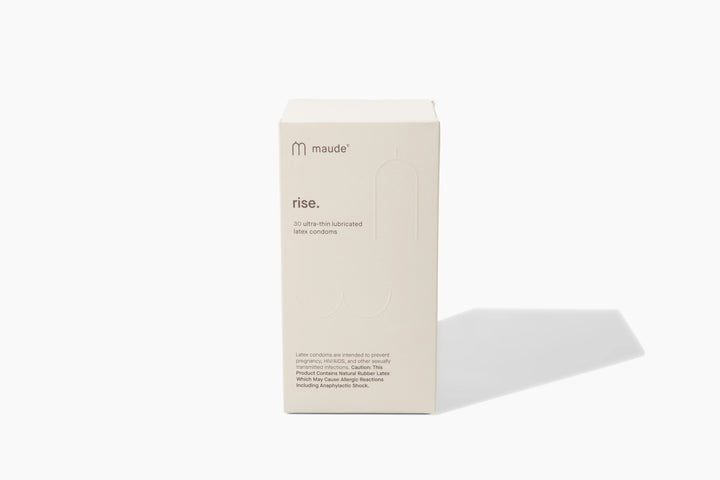 Maude rise product packaging on a white background.

These ultra thin, 100% latex condoms are made without the use of any harmful chemicals or fragrances. Electronically triple tested for safety and FDA-approved, you'll never feel such safe pleasure again.

Available at Luca Essentials in Los Angeles.