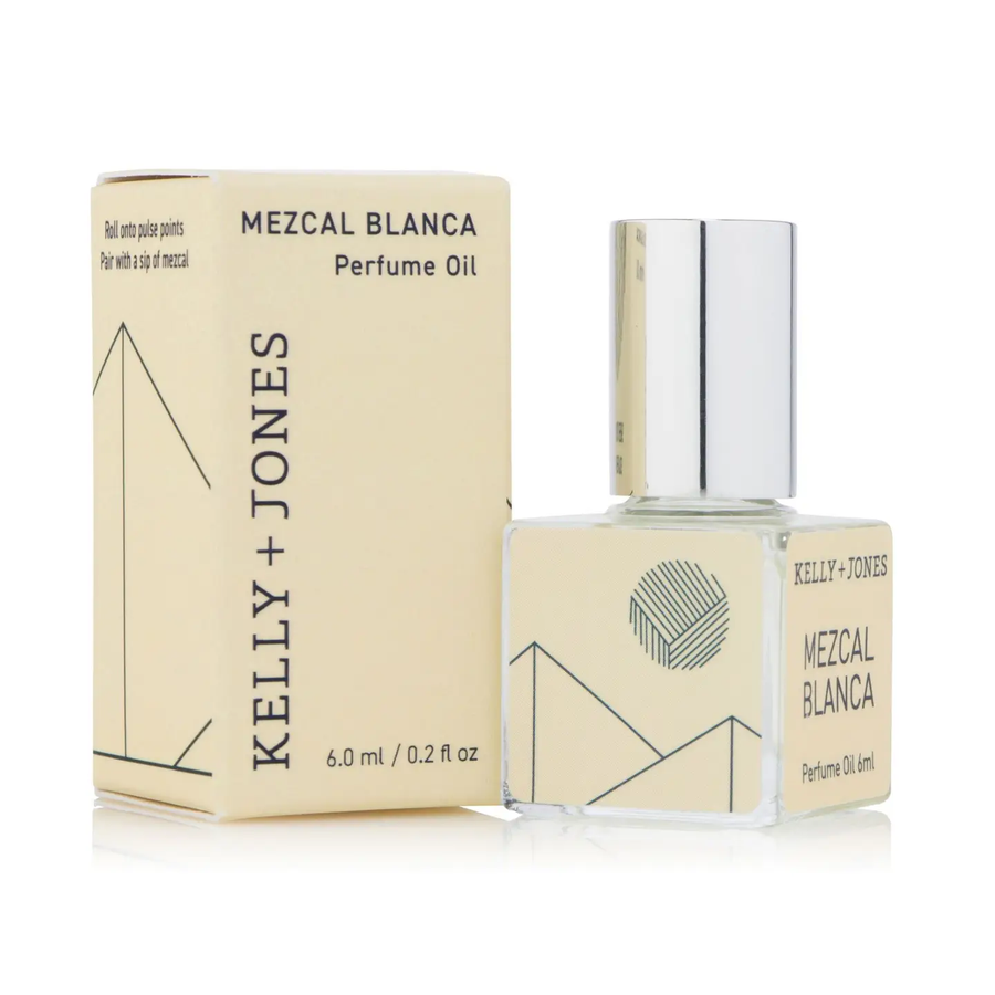 Perfume oil bottle and packaging of Mezcal Blanca by Kelly + Jones on a white background. Available at Luca Essentials in Los Angeles. 