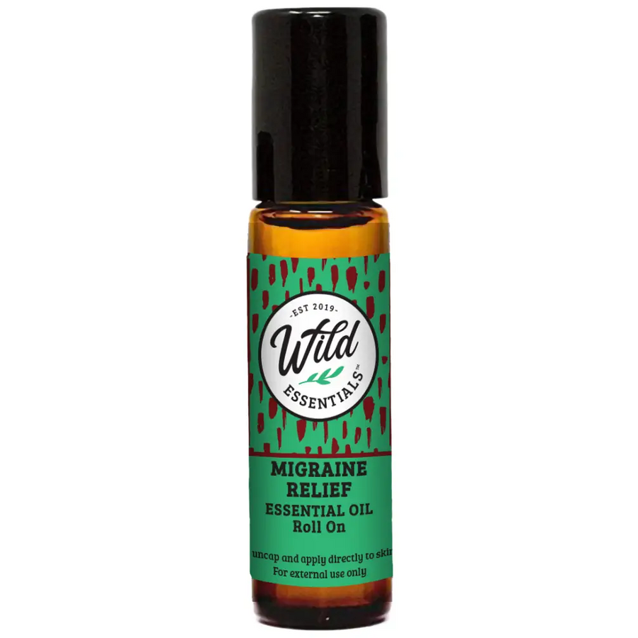 a bottle of Wild Essentials  Migraine Relief Essential Oil Roll On on a white background, available at Luca Essentials in Los Angeles.