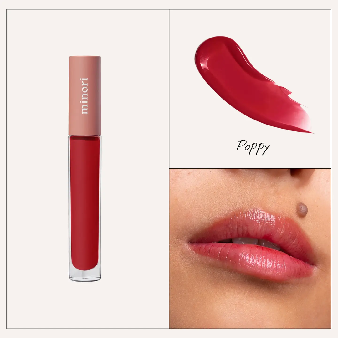 Lipstick with 'minori' branding, swatch, and application on lips.

A sheer, buttery smooth glossy lip tint that complements your natural lip color and protects your lip's moisture.

Available at Luca Essentials in Los Angeles. 