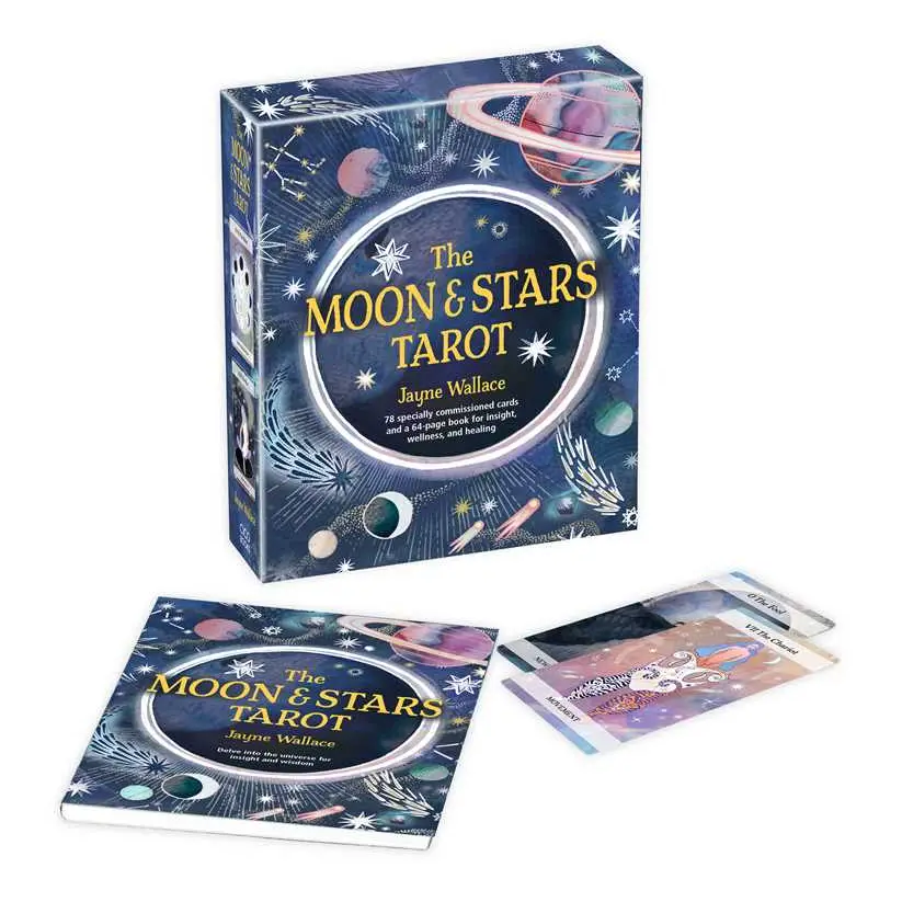 The Moon & Stars Tarot deck by Jayne Wallace, shown with its illustrated box, flat book cover, and two tarot cards on a clean white background. Available at Luca Essentials in Los Angeles. 