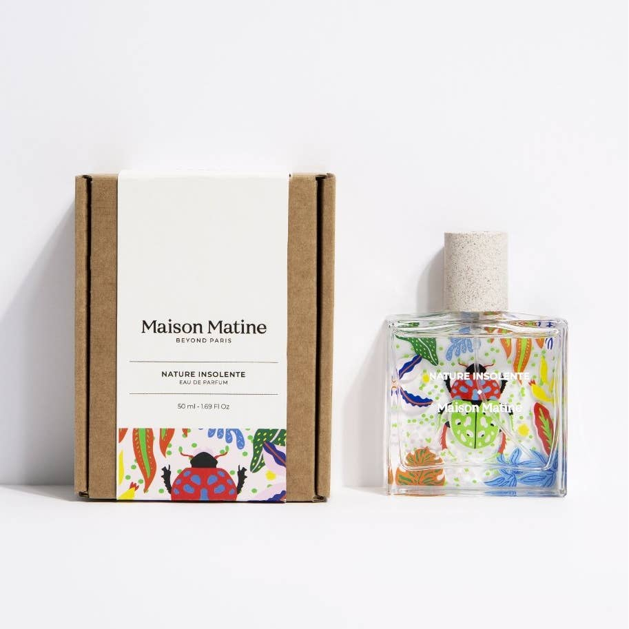 Glass bottle of Maison Matine Perfume with colorful beetle illustration on white background. 

Maison Matine perfumes each have their own refreshing scent. The unisex, fresh, unique fragrances are created by eclectic, talented, creative perfumers.

Available at Luca Essentials in Los Angeles. 
