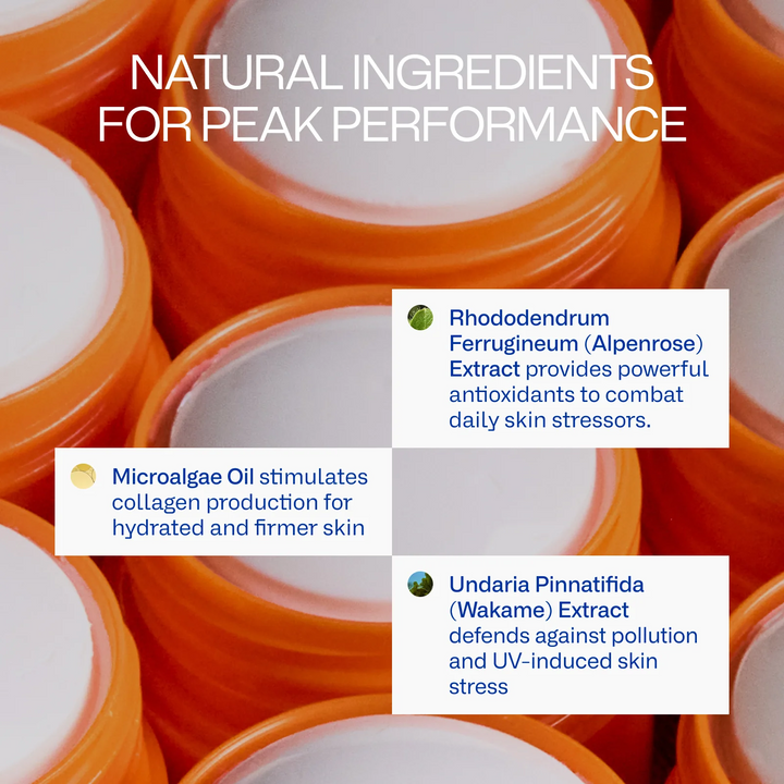 Cosmetic containers with natural ingredients text overlay on a white background. Available at Luca Essentials in Los Angeles. 