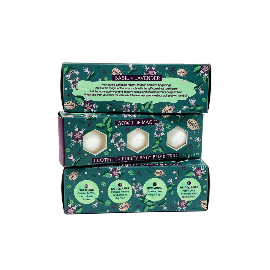 Three stacked bath bomb boxes with floral designs and text on a white background.

Relax and restore with this herbaceous trio of bath bombs crafted for protection and purification. Each sphere blends holy basil, lavender oil and Epsom salts to clear the mind and uplift the spirit, making every soak a sacred ritual for balance and renewal.

Available at Luca Essentials in Los Angeles. 