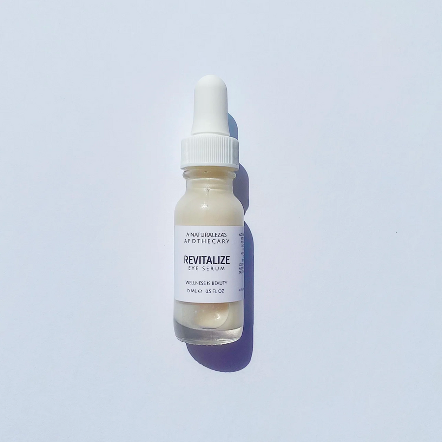 Skincare serum bottle with the word "revitalize" on the outside with dropper on a light gray background. Available at Luca Essentials in Los Angeles. 