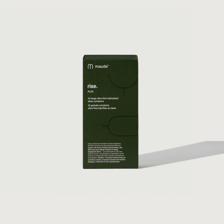 Packaging for Maude Rise Plus Condoms, showing a sleek green box with product information.

Maude large ultra-thin condoms are made without harmful chemicals, do not contain spermicide and are fragrance-free.

Available at Luca Essentials in Los Angeles. 