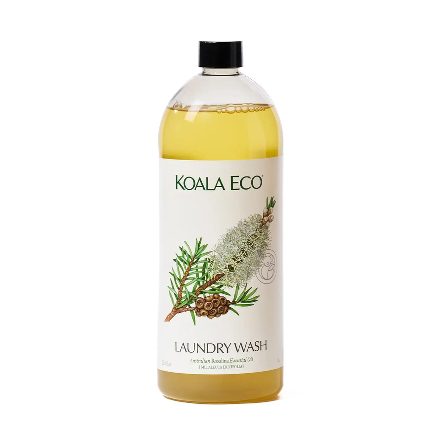 Bottle of Koala Eco laundry wash with a label featuring greenery on a white background. Available at Luca Essentials in Los Angeles. 
