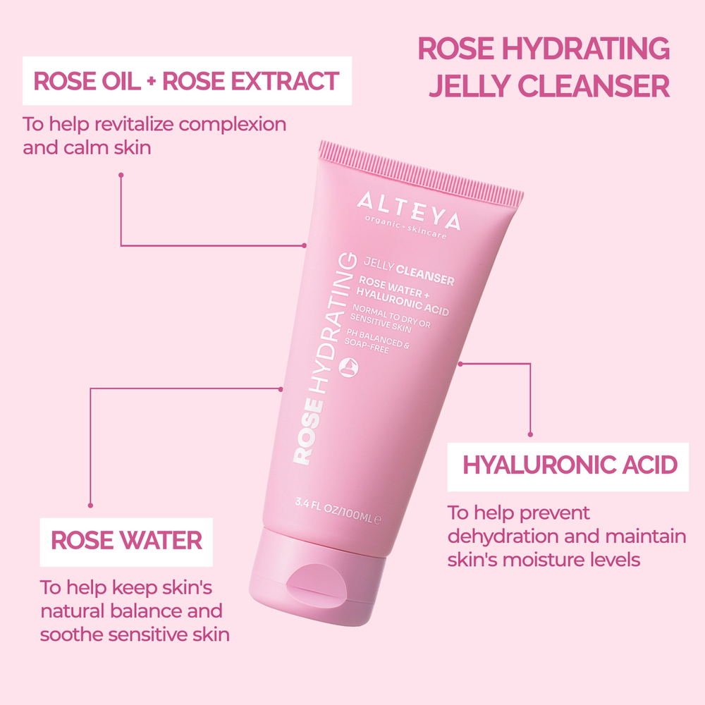 Pink Alteya Rose Hydrating Jelly Cleanser with product details on a pink background

Rose Hydrating Jelly Cleanser with organic rose water and hyaluronic acid to cleanse and rejuvenate without stripping skin.

Available at Luca Essentials in Los Angeles. 