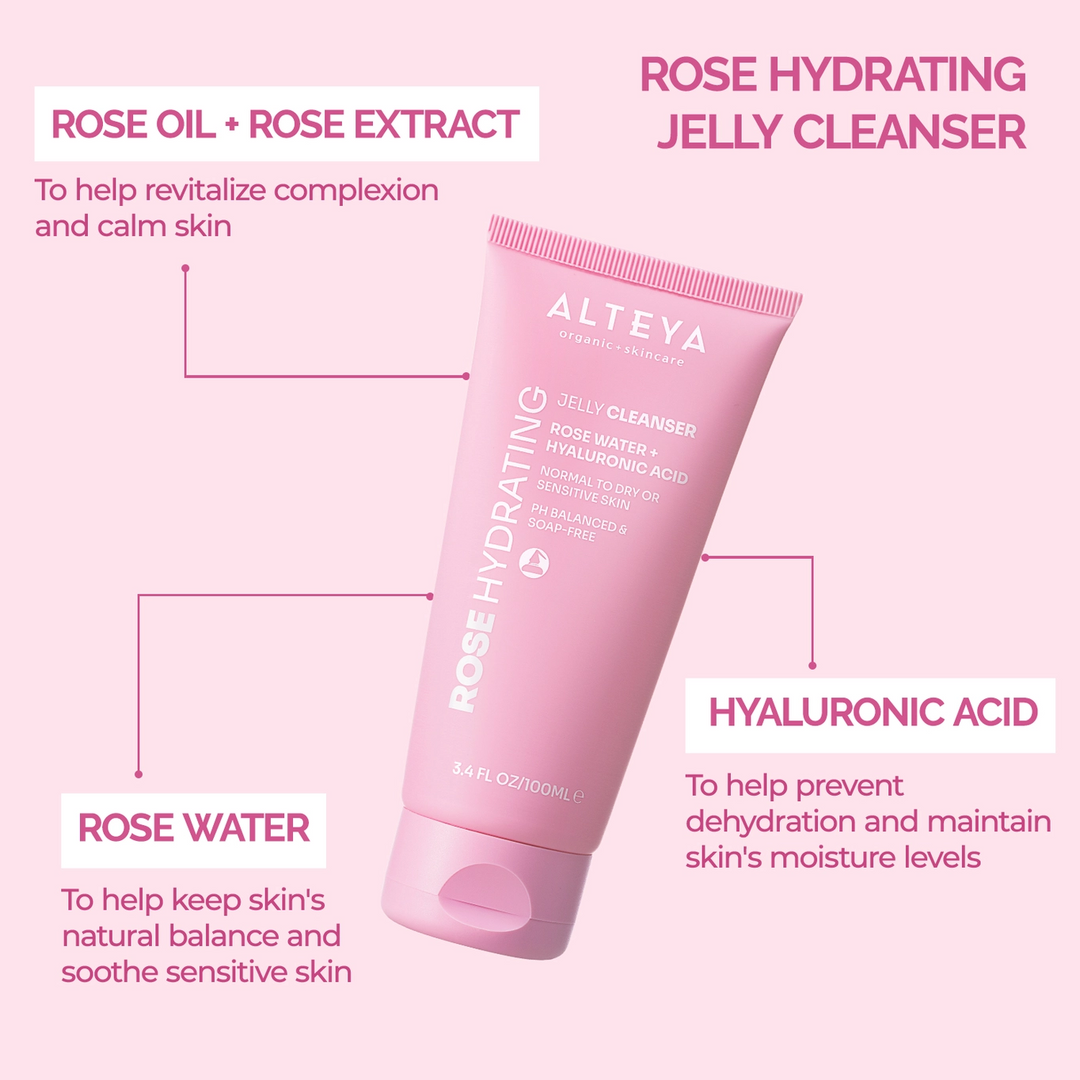 Pink Alteya Rose Hydrating Jelly Cleanser with product details on a pink background

Rose Hydrating Jelly Cleanser with organic rose water and hyaluronic acid to cleanse and rejuvenate without stripping skin.

Available at Luca Essentials in Los Angeles. 