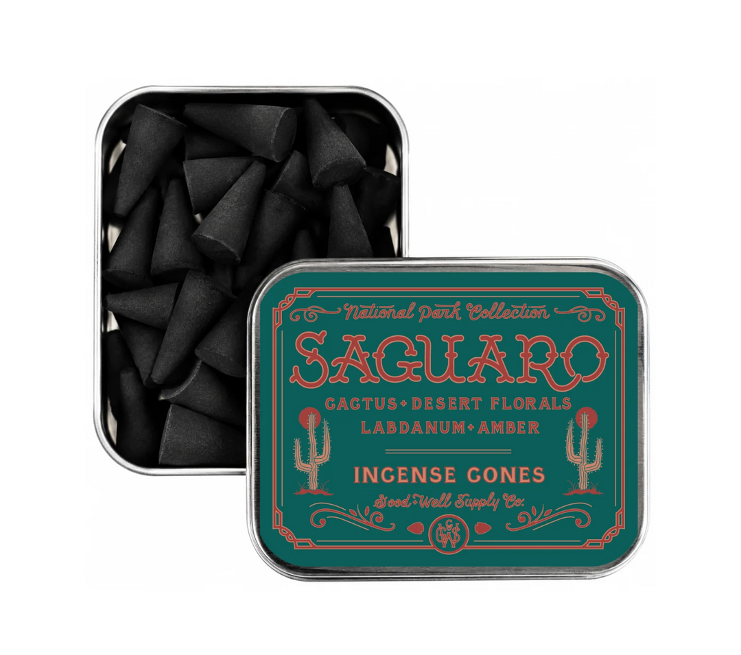 Saguaro incense cones in a tin with a decorative label on a white background. Available at Luca Essentials in Los Angeles. 