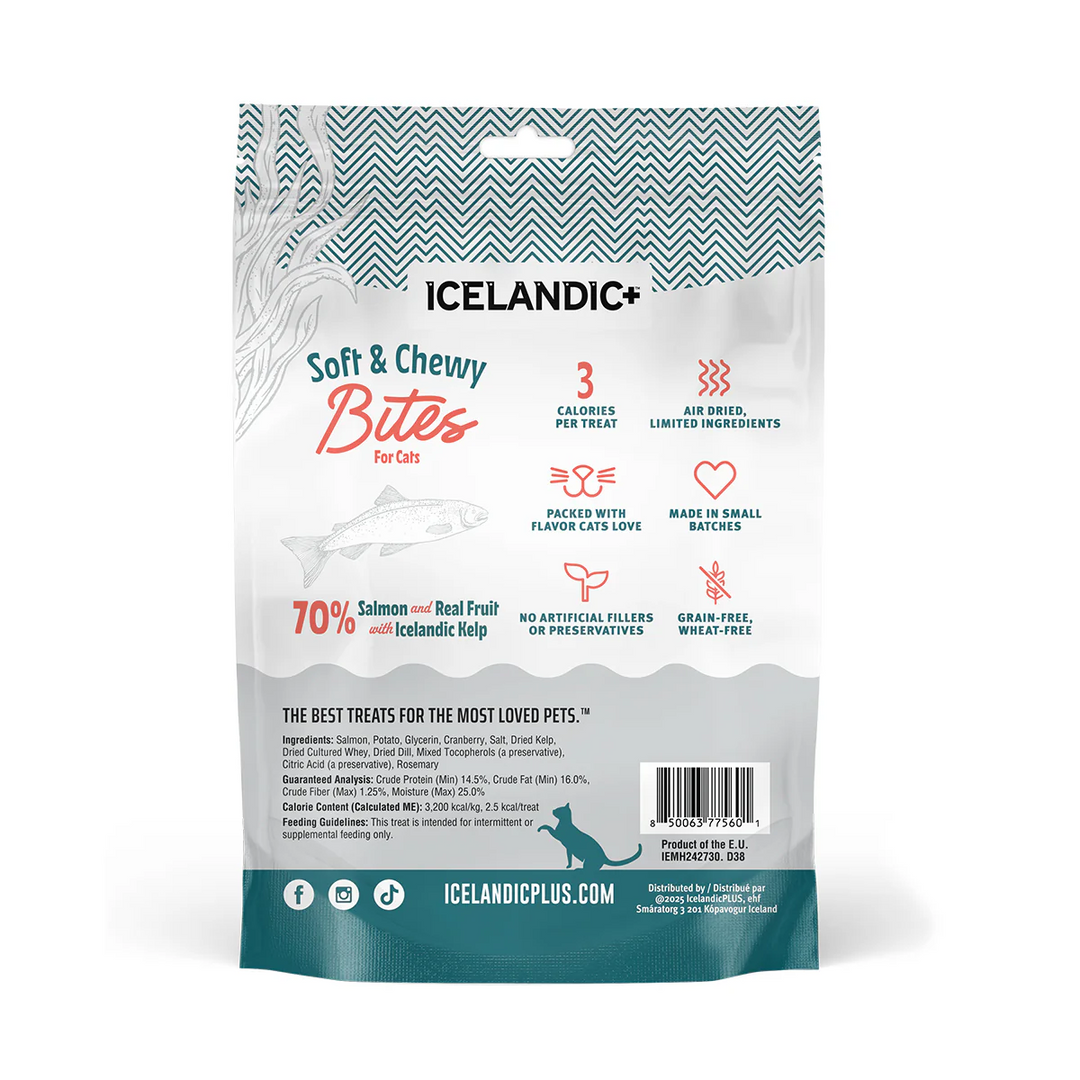 Back of bag of cat treats with the brand name 'Icelandic+' with nutritional information on a white background. Available at Luca Essentials in Los Angeles. 