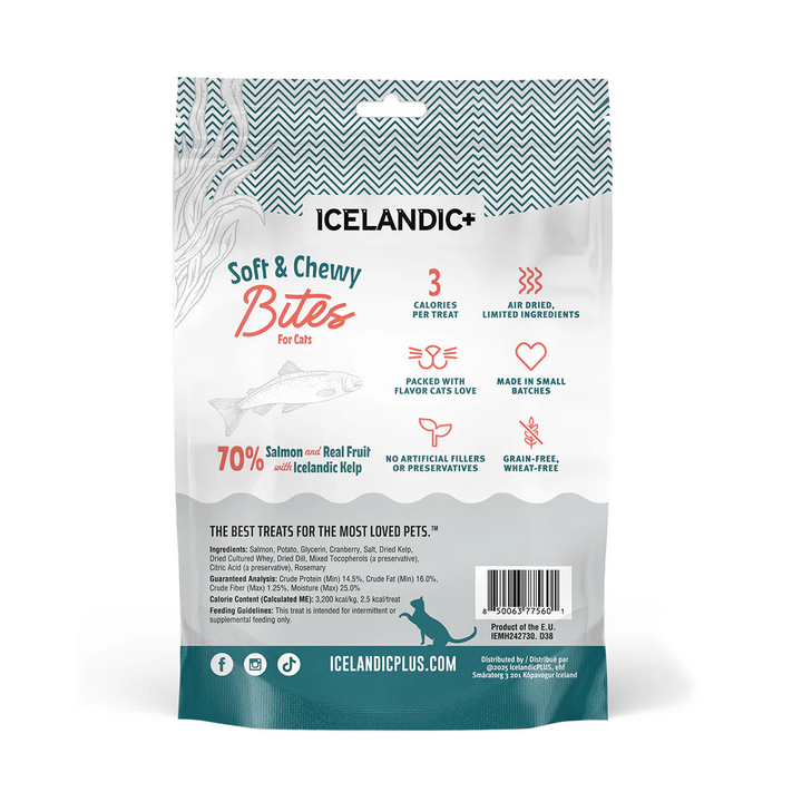 Back of bag of cat treats with the brand name 'Icelandic+' with nutritional information on a white background. Available at Luca Essentials in Los Angeles. 