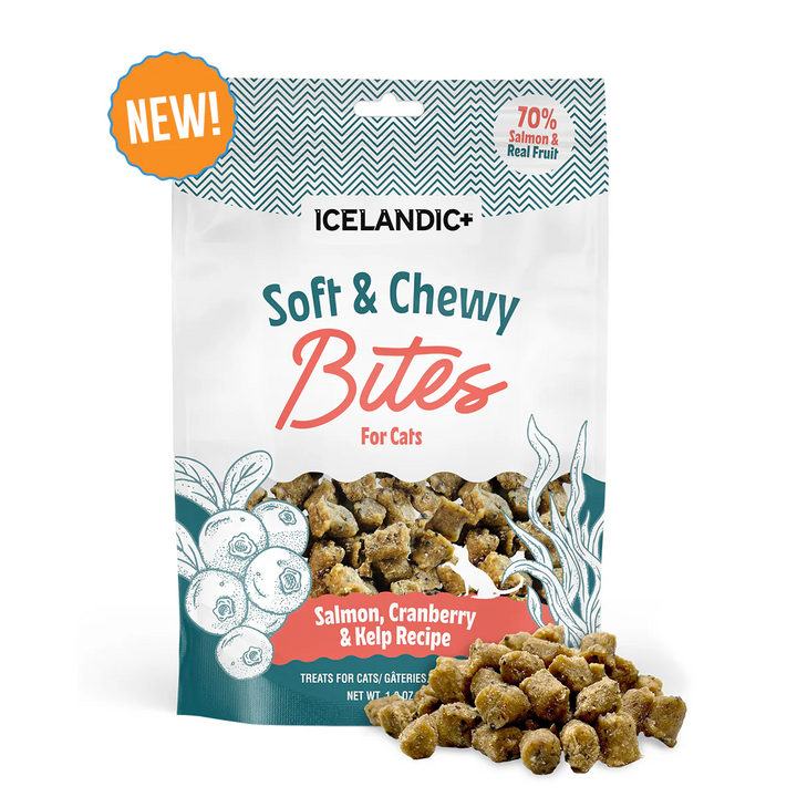 Bag of cat treats with the product name 'Soft & Chewy Bites Salmon, Cranberry & Kelp' on a white background. Available at Luca Essentials in Los Angeles. 