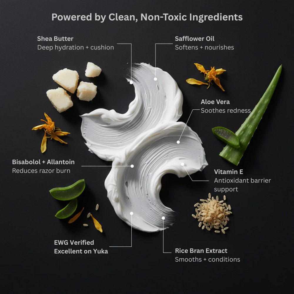 Cosmetic cream with labeled ingredients on a dark background

HygieneLab shave cream delivers an ultra-smooth, irritation-free shave with a rich, non-toxic formula packed with soothing botanicals and deep-hydrating ingredients for healthier skin every day.

Available at Luca Essentials in Los Angeles. 