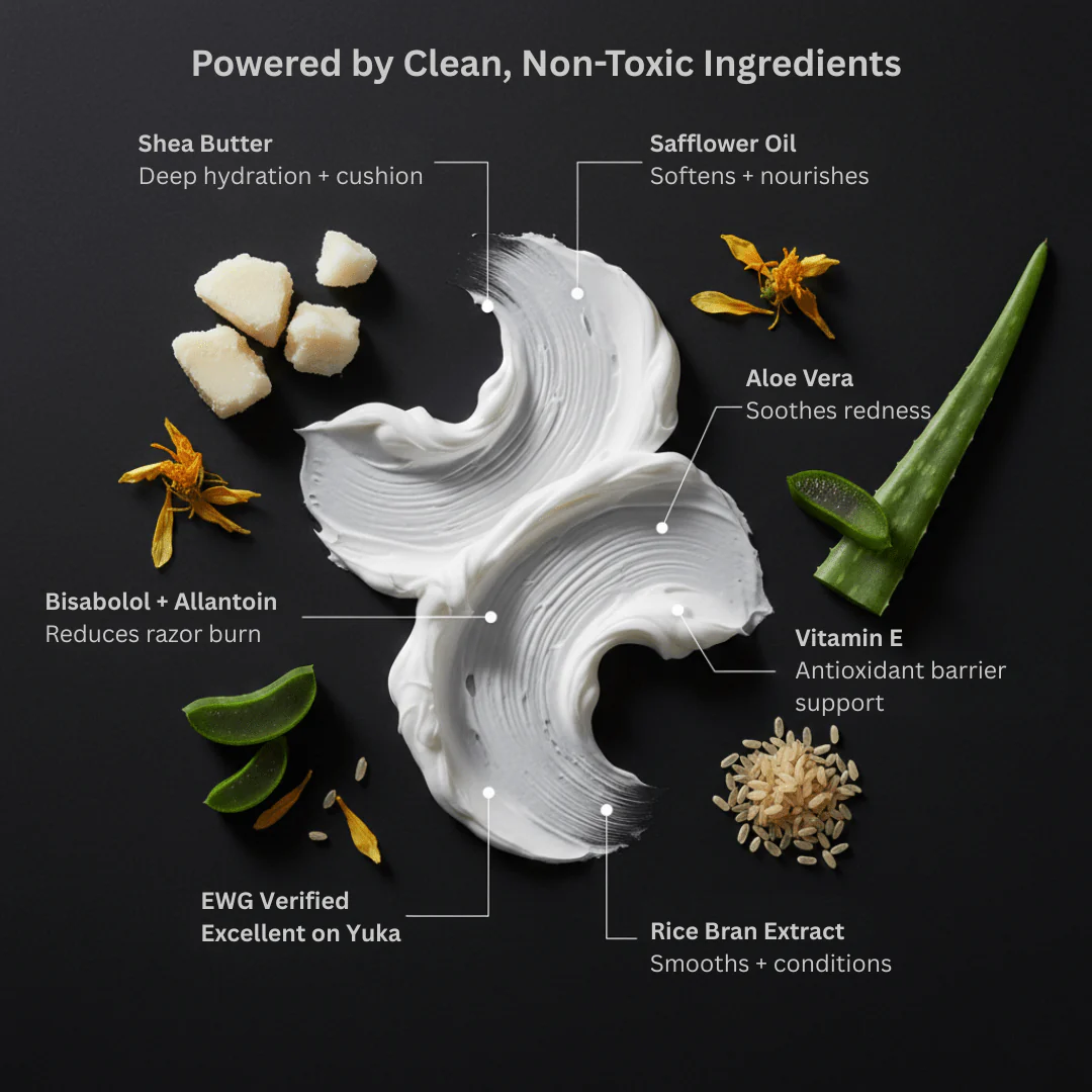 Cosmetic cream with labeled ingredients on a dark background

HygieneLab shave cream delivers an ultra-smooth, irritation-free shave with a rich, non-toxic formula packed with soothing botanicals and deep-hydrating ingredients for healthier skin every day.

Available at Luca Essentials in Los Angeles. 