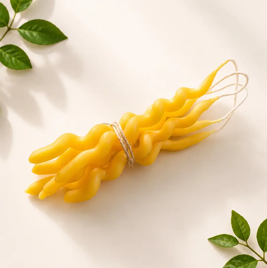 A bundle of yellow, twirled beeswax candles tied with a thin string, photographed on a clean white background with decorative green leaves in the corners. Available at Luca Essentials in Los Angeles. 