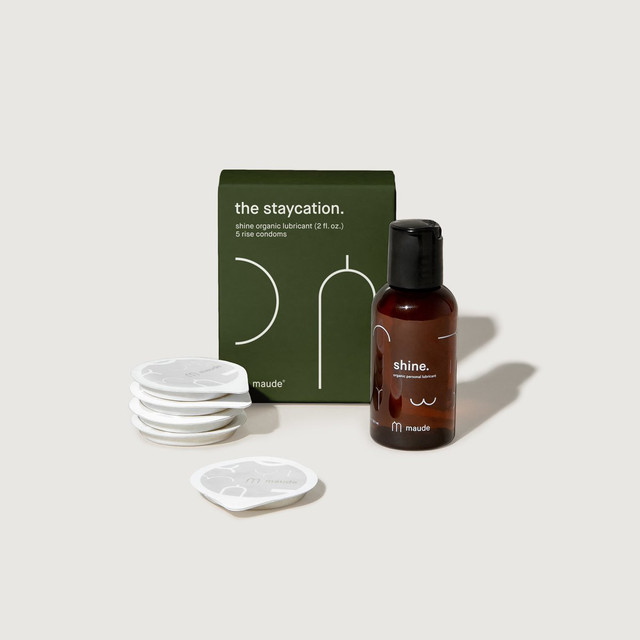 a green box with the words 'the staycation' and 4 grey condoms and an amber bottle of 'shine' lubricant 

The staycation kit features one 2 fl. oz. shine lubricant in silicone, and five of our rise easy-open, ultra-thin lubricated latex condoms.

Available at Luca Essentials in Los Angeles. 