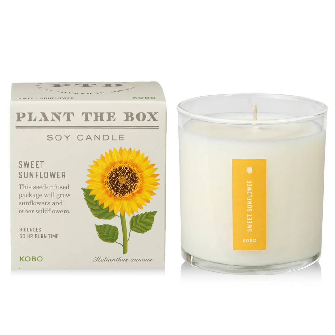 Soy candle with sunflower design and packaging labeled 'Plant the Box' on a white background. Available at Luca Essentials in Los Angeles. 
