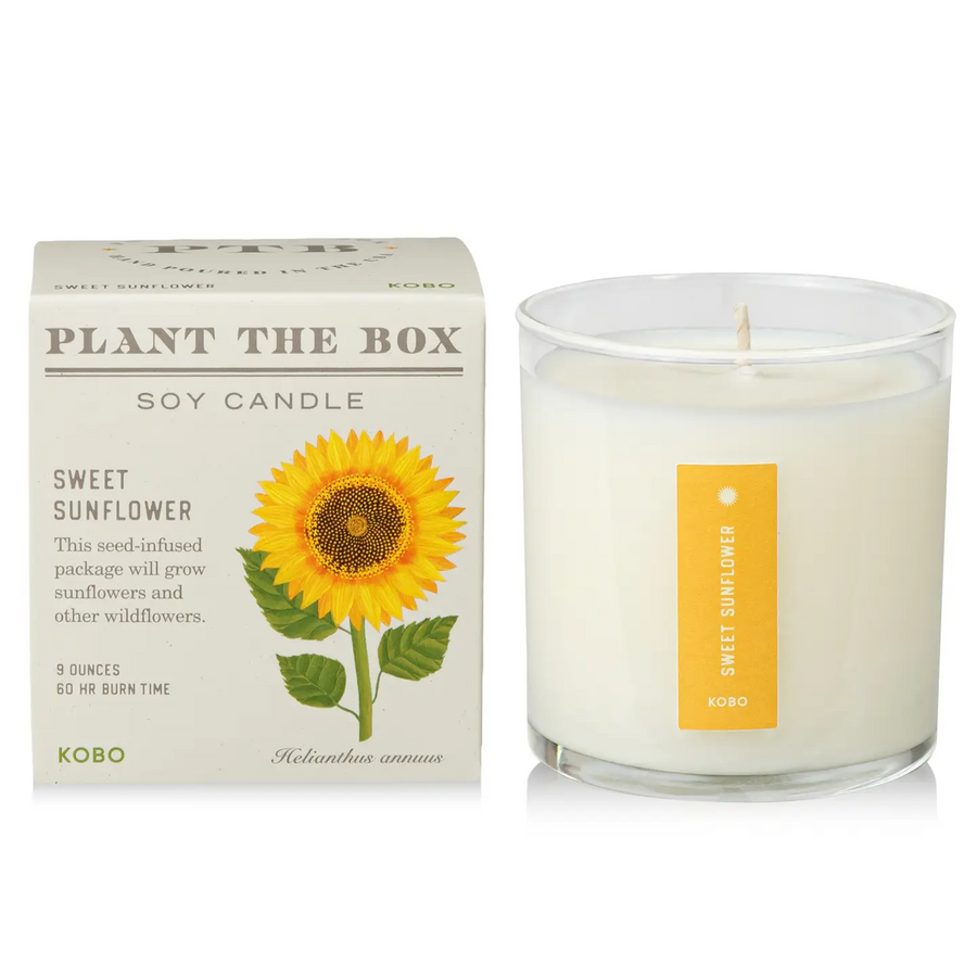 Soy candle with sunflower design and packaging labeled 'Plant the Box' on a white background. Available at Luca Essentials in Los Angeles. 